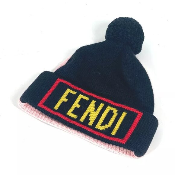 FENDI FXQ056 beanie hat knit cap logo With pompoms Knit hat wool Black/pink main image 6